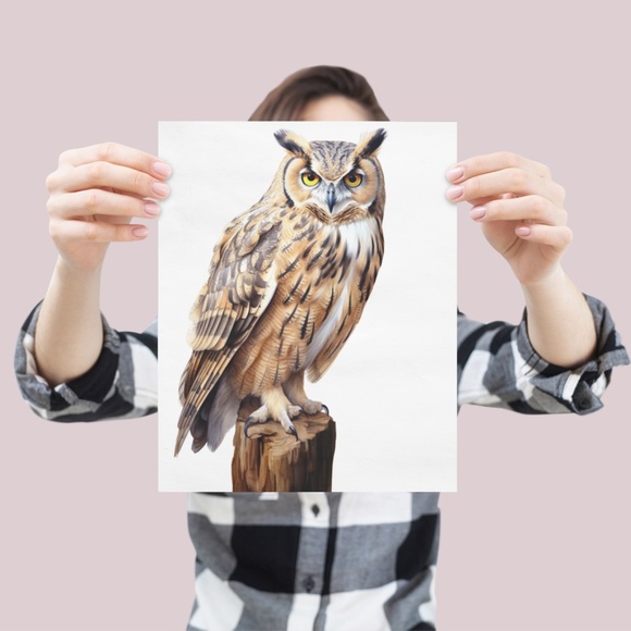 Watercolor Eurasian Eagle Owl Portrait Wall Art Illustration Print Unframed - Picture 6 of 7